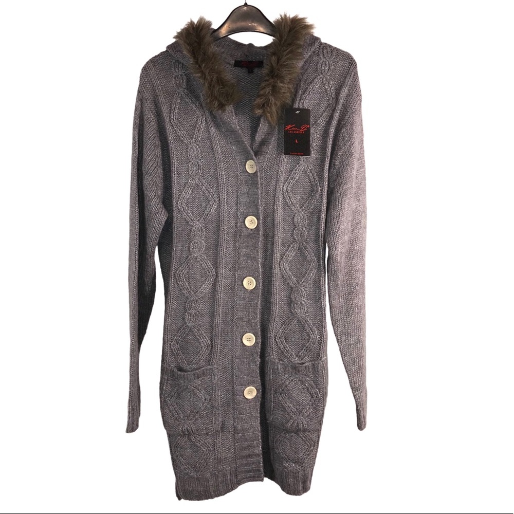 NWT Gray Faux Fur Hooded Long Cardigan